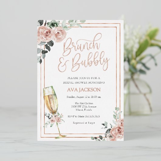 Vrijgezellenfeest van Brunch en Bubble Blush Flora Folie Uitnodiging (Staand Voorkant)