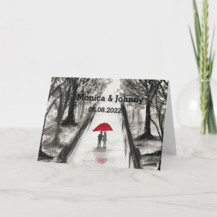 Vrijgezellenfeest van het liefdespaar rode paraplu kaart