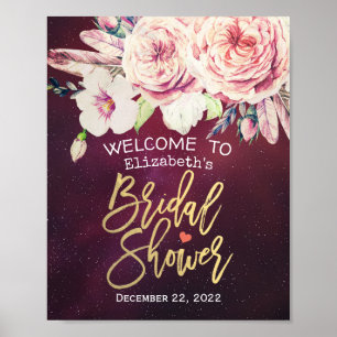 Vrijgezellenfeest Welkom Floral Feathers Burgundy Poster