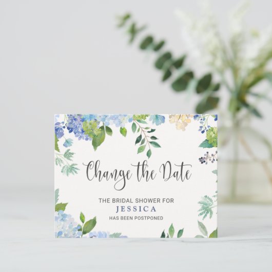Vrijgezellenfeest Wijzig de datum Blue Hydrangeas Briefkaart (Staand voorkant)