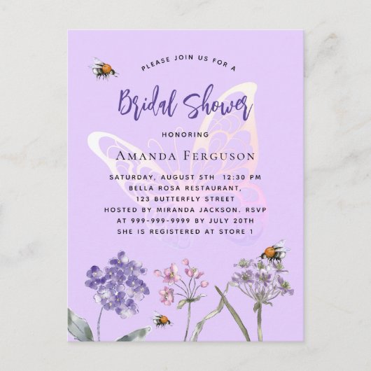 Vrijgezellenfeest wilde bloemen violet vlinder uitnodiging briefkaart (Voorkant)
