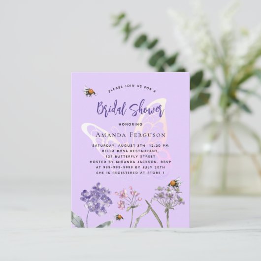 Vrijgezellenfeest wilde bloemen violet vlinder uitnodiging briefkaart (Staand voorkant)