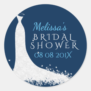 Vrijgezellenfeest witte trouwjurk op blauw ronde sticker