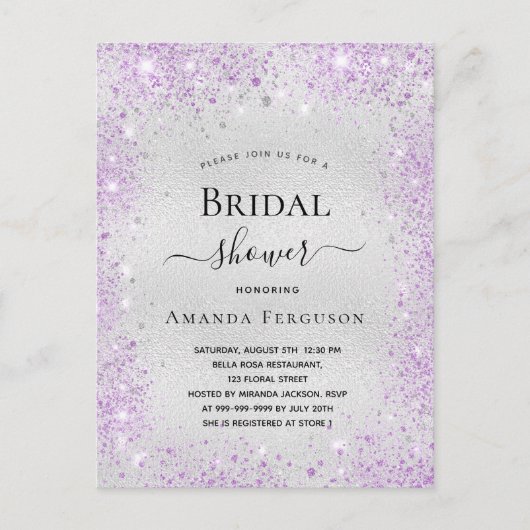 Vrijgezellenfeest zilverglitterstof paarse elegant uitnodiging briefkaart (Voorkant)
