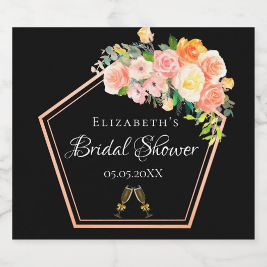 Vrijgezellenfeest zwarte blozen geometrische sparkling wijnetiket (Enkel label)