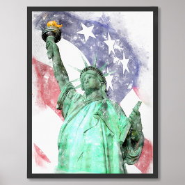 Vrijheidsbeeld close-up met vlag waterverf foto afdruk