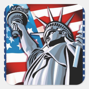 Vrijheidsbeeld en Amerikaanse vlag Vierkante Sticker