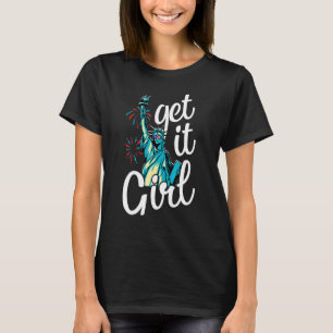 Vrijheidsbeeld krijg het meisje Amerikaanse vlag 4 T-shirt