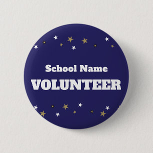 Vrijwilliger met schoolnaam en sterrenontwerp ronde button 5,7 cm
