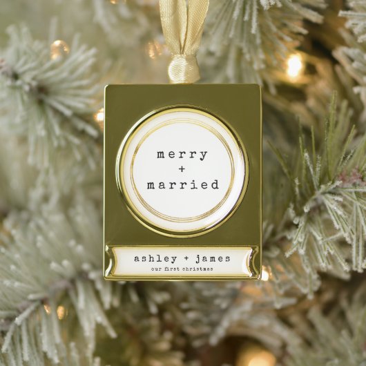 Vroege kerst van Merry & Married Pas getrouwd Verguld Banner Ornament (Boom)