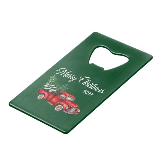Vroege kerstboom Datum  Red Truck Green Kredietkaart Flessenopener (Voorkant Gekanteld)