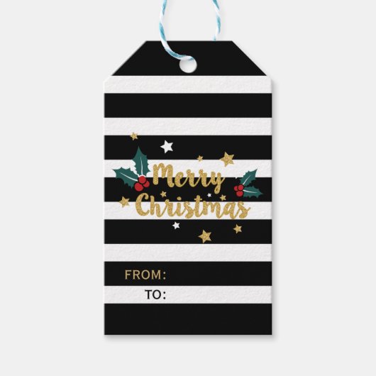 Vroege kerstfeestjes Glitter & Stripes Cadeaulabel (Voorkant)
