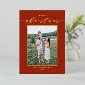 Vroege kerstfoto met modern script Red Merry Folie Feestdagenkaart (Staand Voorkant)