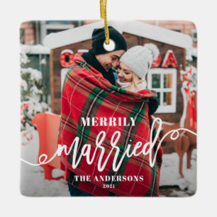 Vroege kerstfoto van Merly Married Typography Keramisch Ornament