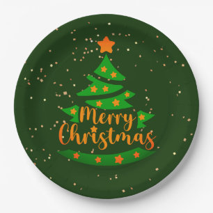 Vroege kerstgroene boom Gold Oranje sterren 9 inch Papieren Bordje