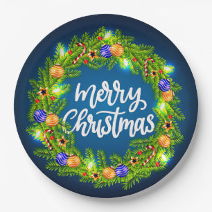 Vroege kerstgroene Wreath op Blue 9" Papieren Bordje