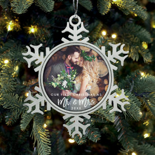 Vroege Kerstmis in penseel als Mr. & Mrs Wedding Tin Sneeuwvlok Ornament