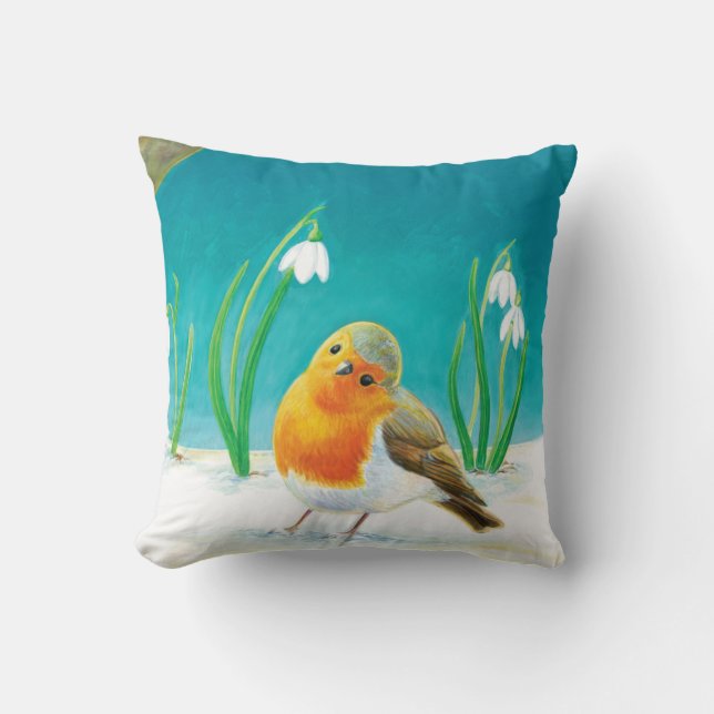 Vroege Lente Robin (Erithacus rubecula) Kussen (Voorkant)