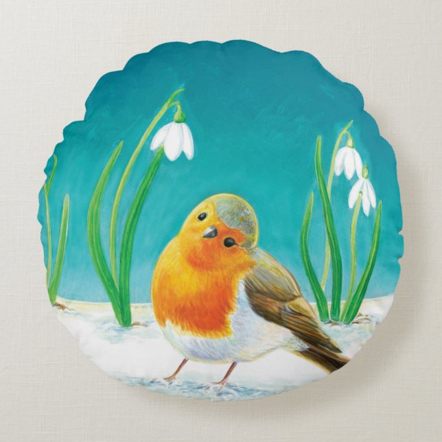 Vroege Lente Robin (Erithacus rubecula) Rond Kussen (Voorkant)