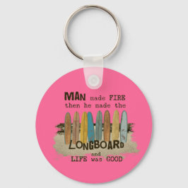 Vroege Man surfende Humor met langwerpborden Sleutelhanger