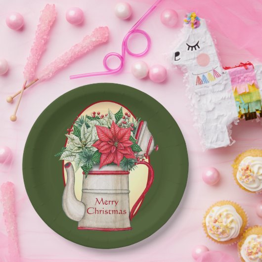 Vroege theepot met poinsettias Kerstmis Papieren Bordje (Feest)