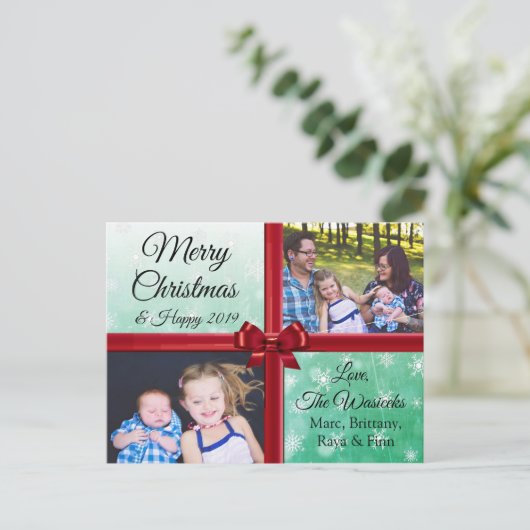 Vroeger kerstfeest Foto Burgundy Bow Feestdagenkaart (Staand voorkant)