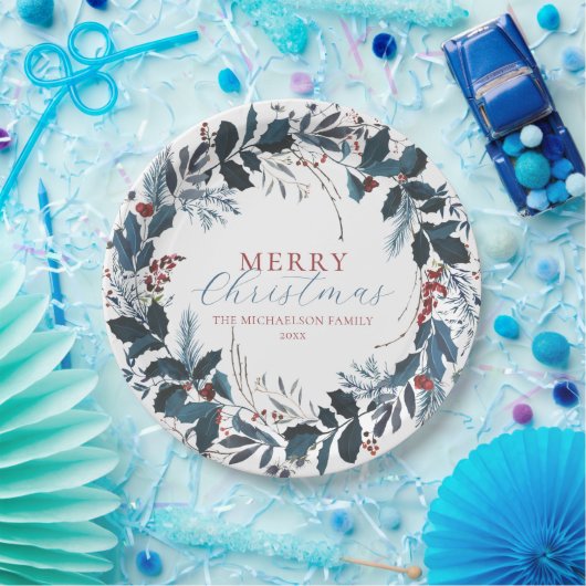 Vroegere kerstblauwe groene Holly Waterverf Papieren Bordje (Feest)