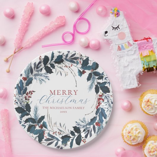 Vroegere kerstblauwe groene Holly Waterverf Papieren Bordje (Feest)