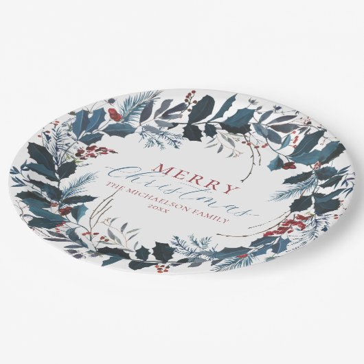 Vroegere kerstblauwe groene Holly Waterverf Papieren Bordje (Gekanteld)