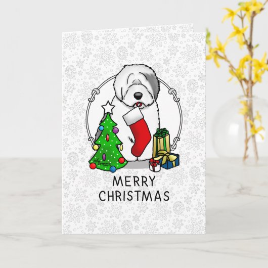 Vroegere kerstboom 2 Oude Engelse Sheepdog Grey 1 Kaart (Gele Bloem)