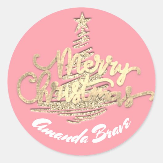 Vroegere kerstboomscriptnaam Gold Pink Ronde Sticker (Voorkant)