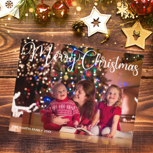 Vroegere kerstcadeaufoto Elegant White Script Over Briefkaart