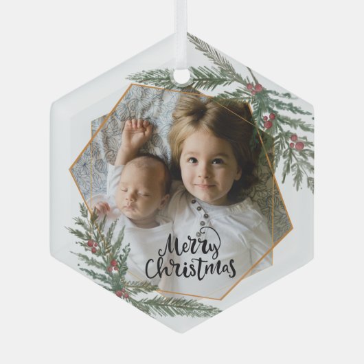 Vroegere kerstdennen en bessen foto glas ornament (Voorkant)