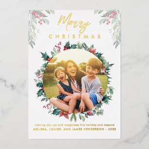 Vroegere kerstfamilie Foto Mistletoe Gold Folie Feestdagenkaart