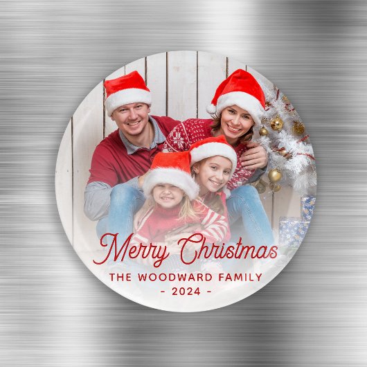 Vroegere kerstfamilie Foto rood script Magneet