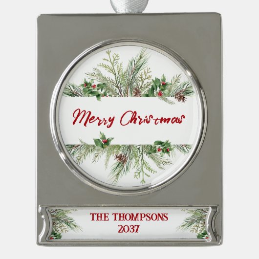 Vroegere kerstomlijsting Winter Wheath Greeting Verzilverd Banner Ornament (Voorkant)