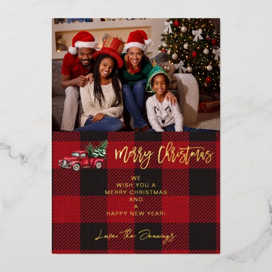 Vroegere kersttruck en Buffalo Check Foto H Folie Uitnodiging (Voorkant)