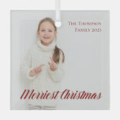 Vroegste kerstfoto van Elegant Red Script Glas Ornament (Voorkant)