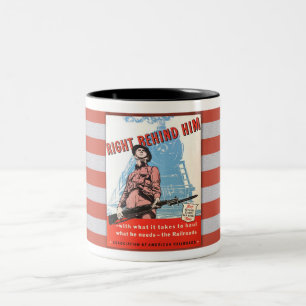 VROEGTIJDIGE WWII-POSTER RAILROADEN TWEEKLEURIGE KOFFIEMOK