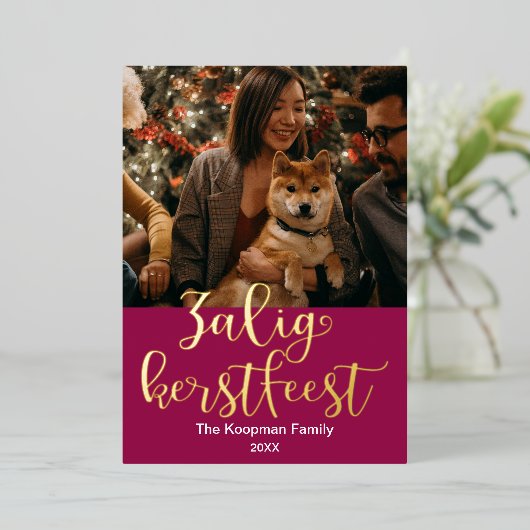 VroKerstlijk geeft het prettige kerstfeest in het Folie Feestdagenkaart (Staand Voorkant)