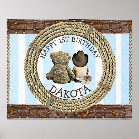 Vrolijk 1-jarige Cowboy en Teddy Bear Boy's Poster (Voorkant)