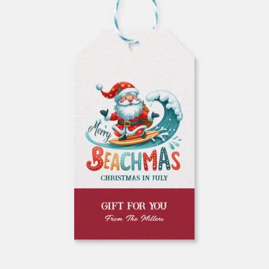 Vrolijk Beachmas Santa Surfen Retro Design Cadeaulabel (Achterkant)