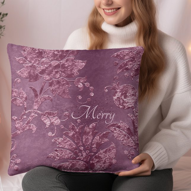 Vrolijk /  Bourgogne Bloemen Fluweel Kerst Kussen (Merry  Vintage Burgundy Floral Velvet Christmas Throw Pillow)