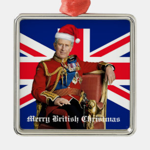 Vrolijk Brits Kerstfeest Koning Charles III Metalen Ornament