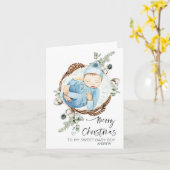 Vrolijk eerste kerstkind zoon van papa en mama kaart (Gele Bloem)
