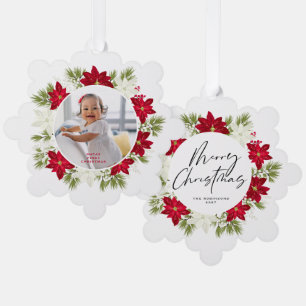 Vrolijk eerste Kerstmis Rode Poinsettia krans Ornament Kaart