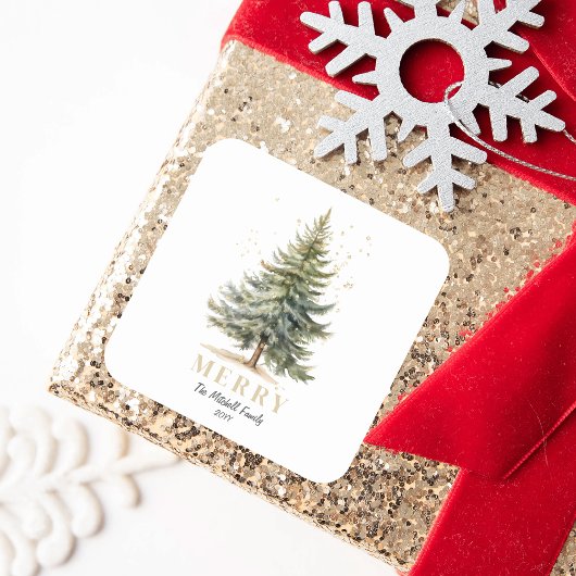 Vrolijk Elegant Waterverf Kerstboom Pine Vierkante Sticker