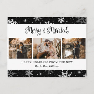 Vrolijk en getrouwd Snowflake Black Photo Collage Feestdagenkaart
