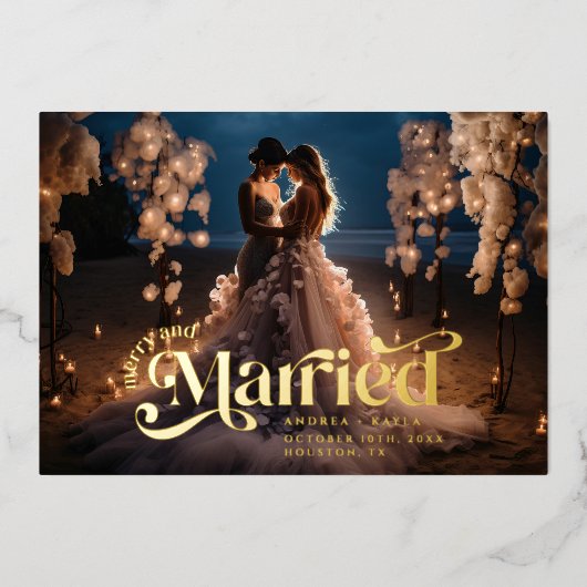 Vrolijk en getrouwd swirl vakantie bruiloft foto folie feestdagenkaart (Voorkant)