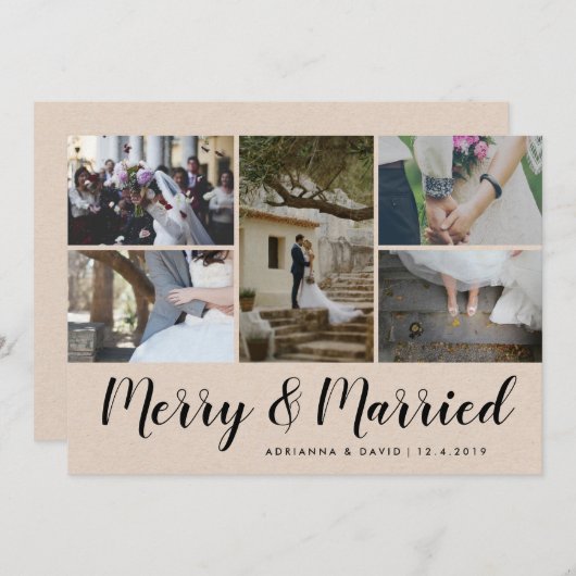 Vrolijk en getrouwd | Vijf foto's | kerstbruiloft Feestdagenkaart (Voorkant / Achterkant)